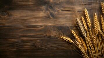 Rye Grain on Wooden Background with Ample Copy Space, AI Generative photo