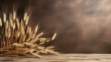 Rye Grain on Wooden Background with Ample Copy Space, AI Generative photo