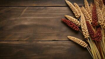 sorgo grano fotografía con estudio Encendiendo en madera fondo, ai generativo foto