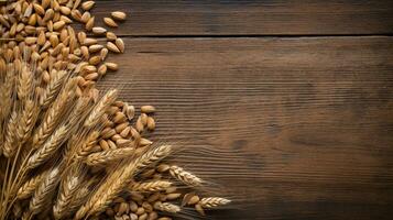 Spelt Grain on Wooden Background with Ample Copy Space, AI Generative photo