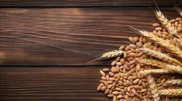 Spelt Grain on Wooden Background with Ample Copy Space, AI Generative photo