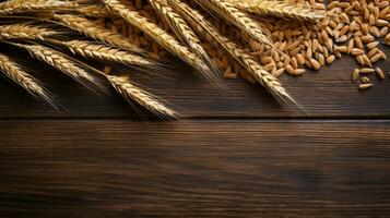 Spelt Grain on Wooden Background with Ample Copy Space, AI Generative photo