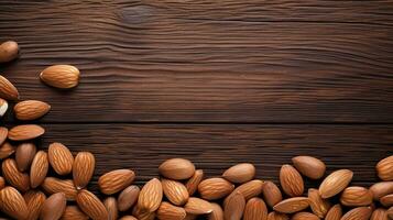 maravilloso Almendras en madera antecedentes con Copiar espacio, ai generativo foto