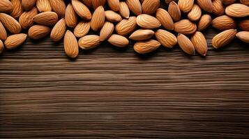 Stunning Almonds on Wood Background with Copy Space, AI Generative photo