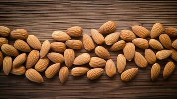 Stunning Almonds on Wood Background with Copy Space, AI Generative photo