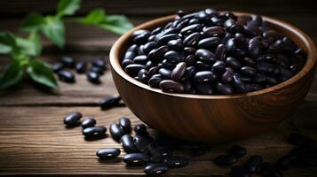Black Beans on Wooden Background with Copy Space, AI Generative photo