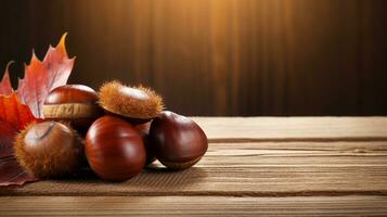 Chestnuts Photo on Wood Background with Ample Copy Space, AI Generative