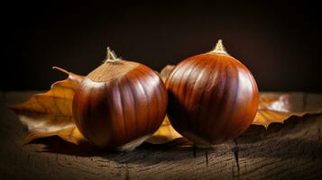 Chestnuts Photo on Wood Background with Ample Copy Space, AI Generative