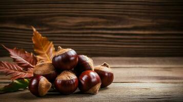 Chestnuts Photo on Wood Background with Ample Copy Space, AI Generative