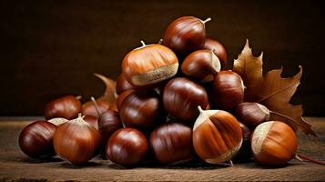 Chestnuts Photo on Wood Background with Ample Copy Space, AI Generative