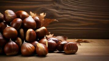 Chestnuts Photo on Wood Background with Ample Copy Space, AI Generative