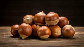Hazelnuts Photography on Wooden Background with Copy Space, AI Generative photo