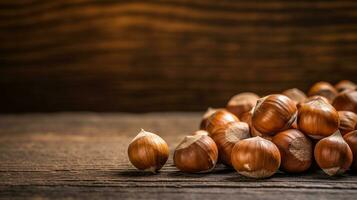 Hazelnuts Photography on Wooden Background with Copy Space, AI Generative photo