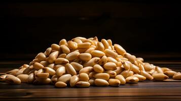 Pine Nuts on a Wooden Background with Ample Copy Space, AI Generative photo