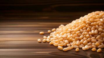 Pine Nuts on a Wooden Background with Ample Copy Space, AI Generative photo