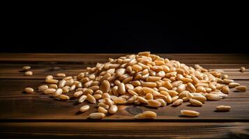 Pine Nuts on a Wooden Background with Ample Copy Space, AI Generative photo