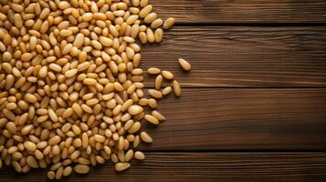 Pine Nuts on a Wooden Background with Ample Copy Space, AI Generative photo