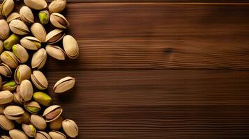 Pistachios on Wood Background with Ample Copy Space, AI Generative photo