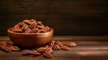 Pecans on Wood Background with Copy Space, AI Generative photo
