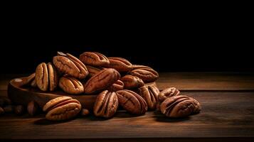 Pecans on Wood Background with Copy Space, AI Generative photo