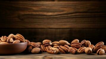 Pecans on Wood Background with Copy Space, AI Generative photo