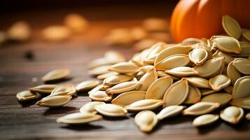 Pumpkin Seeds on Wood Background with Copy Space, AI Generative photo