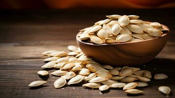 Pumpkin Seeds on Wood Background with Copy Space, AI Generative photo