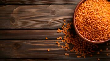 Red Lentils on Wooden Background with Copy Space, AI Generative photo