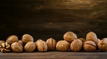 Walnuts on Wood Background with Ample Copy Space, AI Generative photo