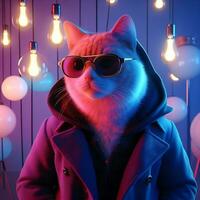 Stylish Feline in 3D, A Cat Rocking a Jacket and Glasses Amid a Kaleidoscope of Colored Lights. AI Generated photo