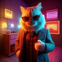 Stylish Feline in 3D, A Cat Rocking a Jacket and Glasses Amid a Kaleidoscope of Colored Lights. AI Generated photo