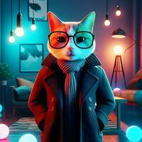 Stylish Feline in 3D, A Cat Rocking a Jacket and Glasses Amid a Kaleidoscope of Colored Lights. AI Generated photo