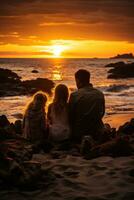 amoroso familia acurrucarse y acecho el puesta de sol en el playa foto