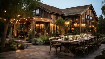 Rustic barn venue adorned with string lights and greenery photo