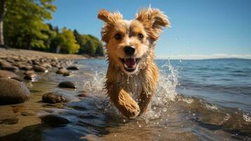 juguetón sombra de perro persiguiendo pelota en soleado playa foto