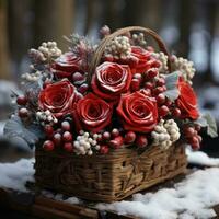 Nevado rojo rosas y bayas en un rústico de madera cesta foto