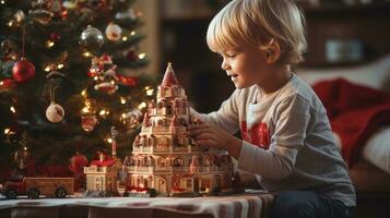 child plays with toy train sitteng ubder christma tree photo