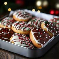 Close-up of a tray of beautifully decorated Christmas cookies photo