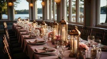 Elegant reception tables decorated with pink and gold accents photo