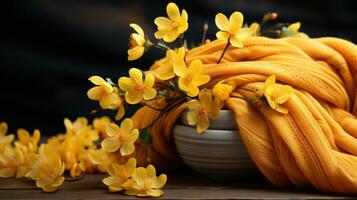 Bright and cheerful yellow flowers in a cozy knit scarf photo