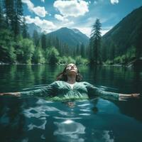 Peaceful image of a woman floating on her back in a tranquil lake photo