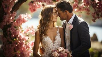 Happy newlyweds kissing under a beautiful floral arch photo