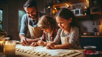 Family bonding over rolling out dough and using cookie cutters photo