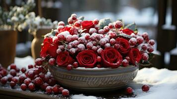 Nevado rojo rosas y bayas en un rústico de madera cesta foto