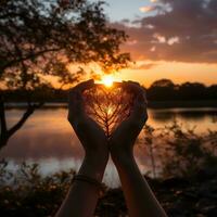 silueta de manos formando corazón forma con puesta de sol fondo foto