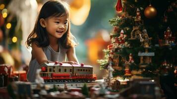 niño obras de teatro con juguete tren sentado ubder Navidad árbol foto