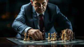 A photograph featuring a businessman strategically moving a chess piece on a board game photo