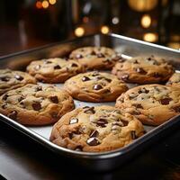 delicioso chocolate chip galletas Fresco desde el horno en un bandeja foto