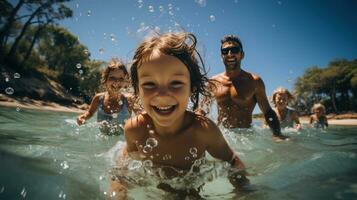 Playful family splashing and swimming in the clear blue water photo