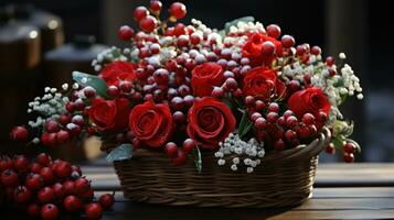 Snowy red roses and berries in a rustic wooden basket photo